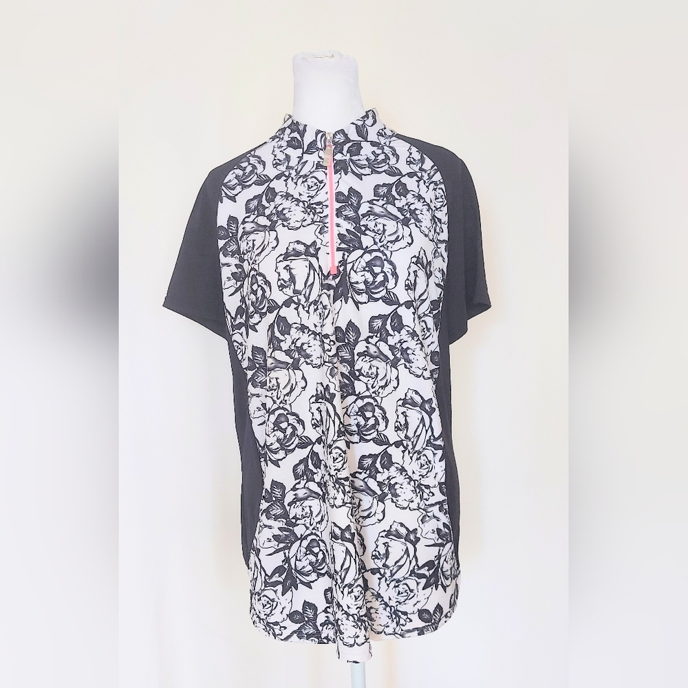 Bette & Court 1/4 Zip Golf Shirt Black White Rose Print Womens Large